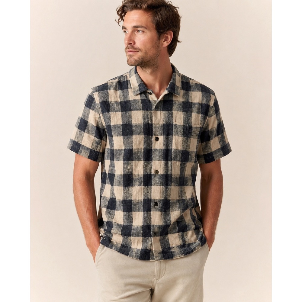 Les Deux Hank Buffalo SS Shirt Navy Beige Check Plaid Short Sleeve Mens L